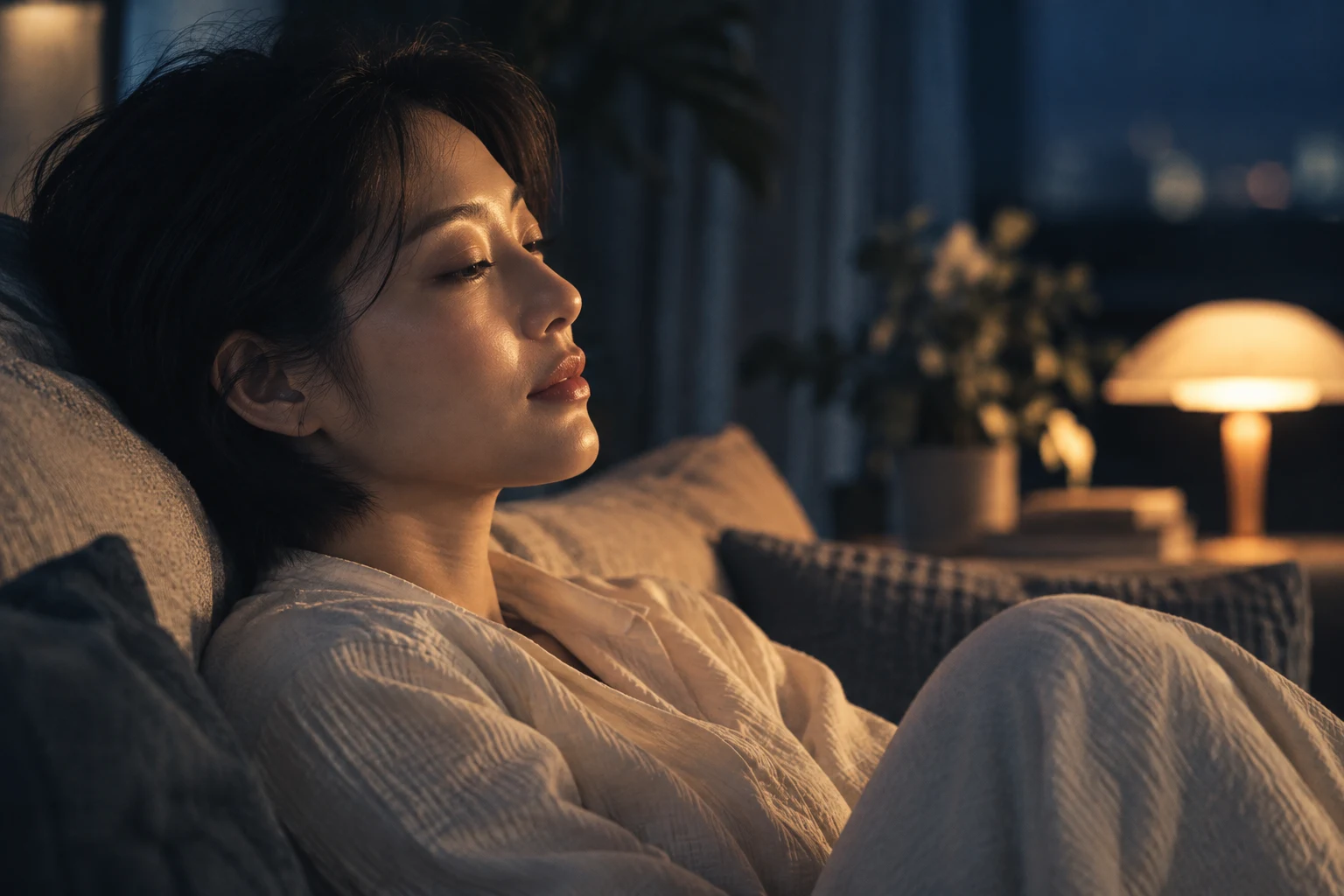 睡前靠在沙发上的人物，AI 情境示意